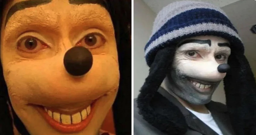 Side-by-side banner of two creepy Goofy-style dog mask portraits associated with Jonathan Galindo