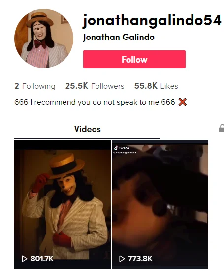 Jonathan Galindo — TikTok profile screenshot of jonathangalindo54 account with ominous bio