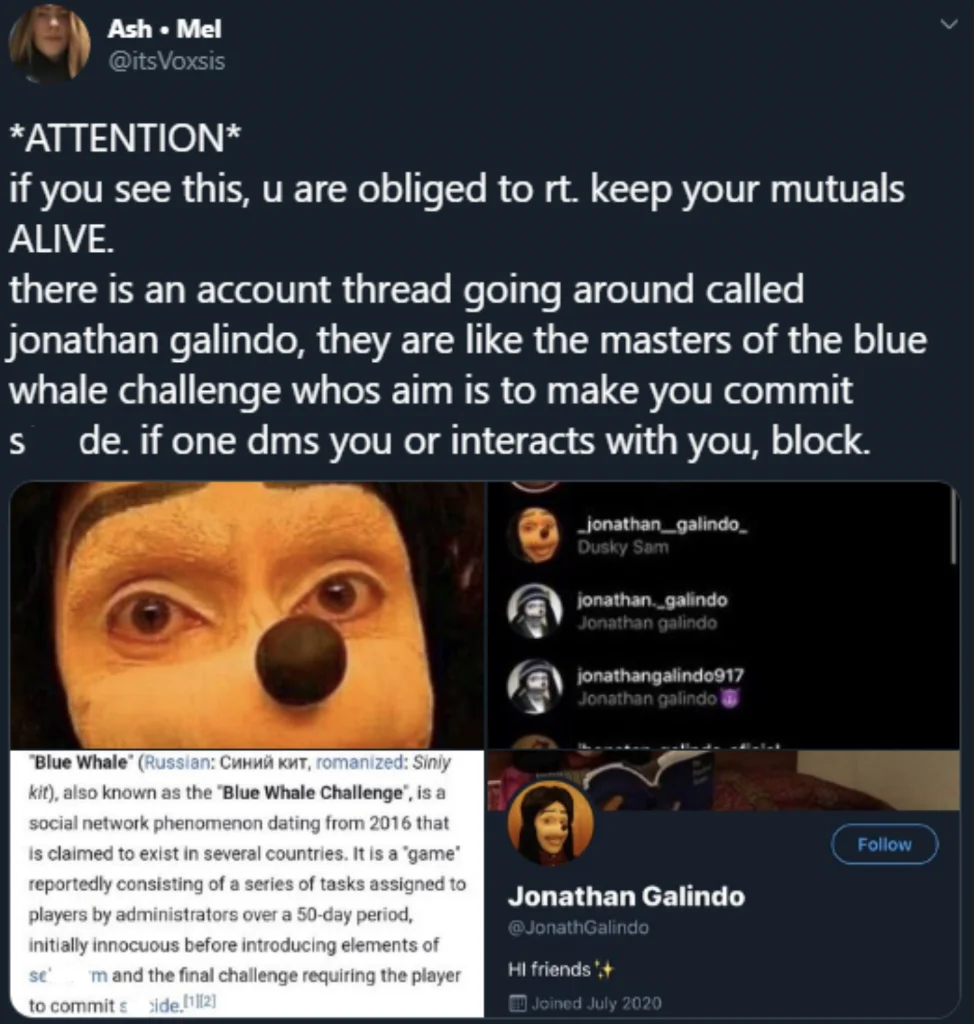 Enlarged version of the viral Twitter warning about Jonathan Galindo