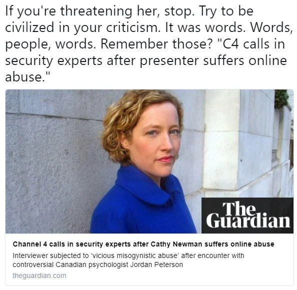 Jordan Peterson — Guardian article screenshot about Cathy Newman receiving online abuse after Peterson interview with commentary