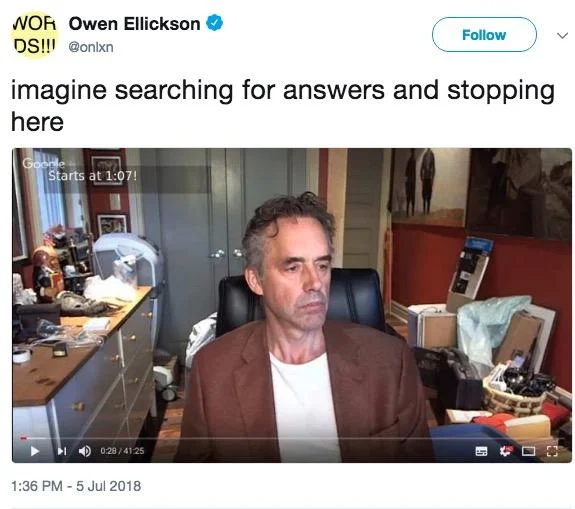 Jordan Peterson YouTube livestream screenshot showing him in a messy cluttered room
