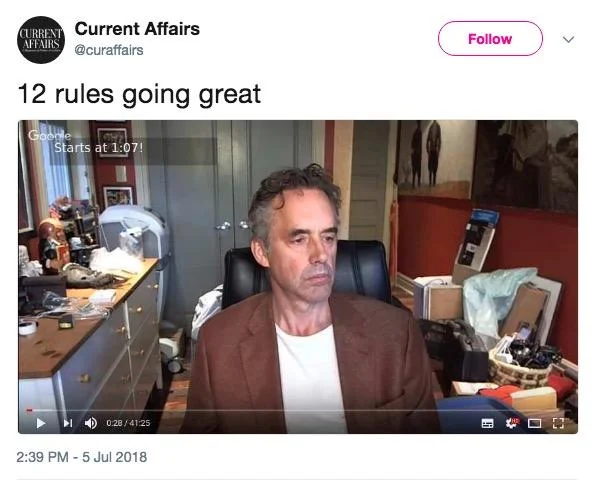 Twitter post mocking Jordan Peterson's messy room with caption about searching for answers
