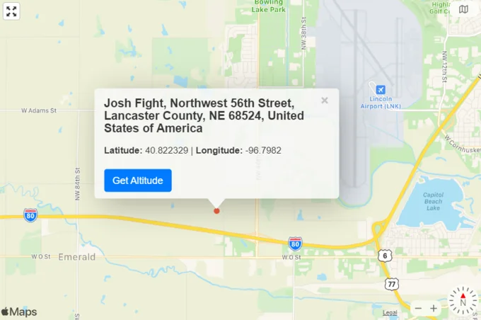 Josh Swain Fight — Apple Maps screenshot showing the Josh Fight location in Lancaster County, Nebraska