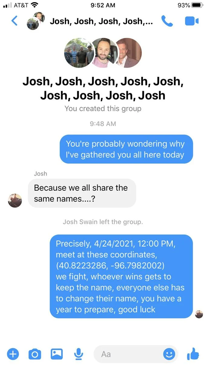 Full-screen Facebook Messenger screenshot of the original Josh Swain fight challenge