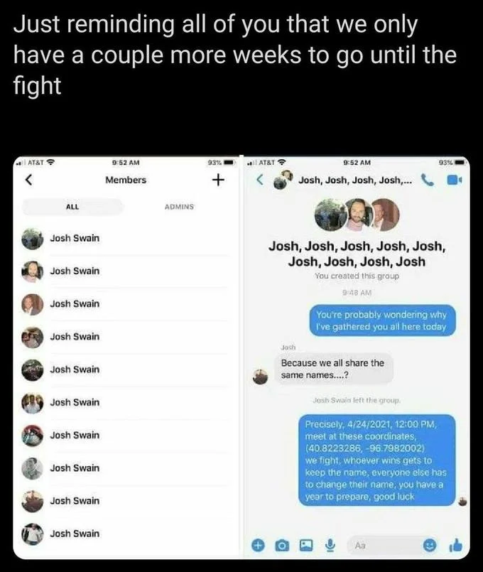 Reminder meme about the upcoming Josh Swain fight with screenshots of the group chat