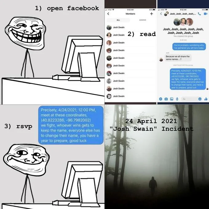 Josh Swain Fight — Troll Face comic about RSVPing to the Josh Swain incident on April 24, 2021