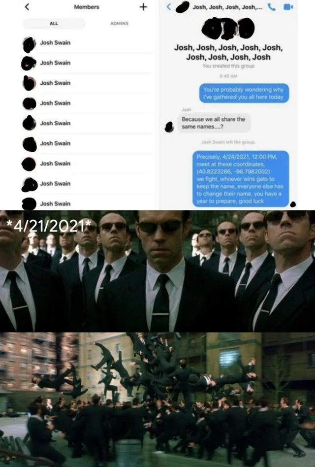 Josh Swain Fight — Meme combining Josh Swain messages with Matrix Agent Smith fight scene