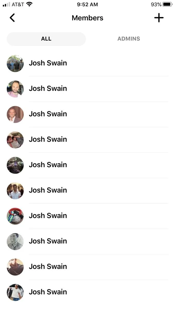 Josh Swain Fight — Facebook Messenger members list showing ten users all named Josh Swain