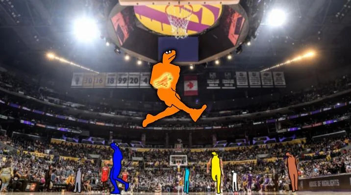 Jovial Merryment Orange Horse — A pixelated orange horse in jumping pose composited into a crowded basketball arena with hoop visible above.