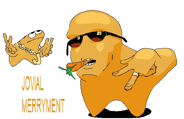 Jovial Merryment Orange Horse — A pixelated orange horse in relaxed cool pose wearing dark sunglasses with 'JOVIAL MERRYMENT' text displayed.