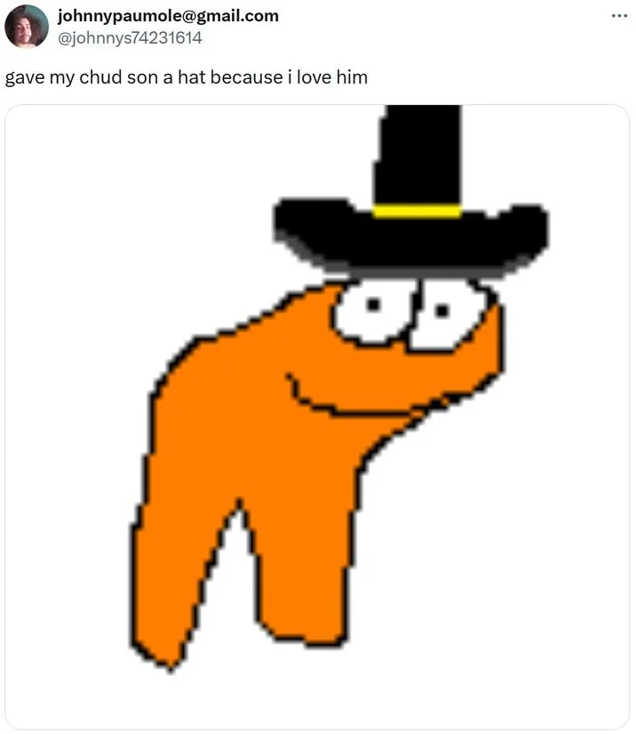 Jovial Merryment Orange Horse — A pixel-art orange horse wearing a black cowboy hat with yellow band in a Twitter post about giving a hat to a chud son.