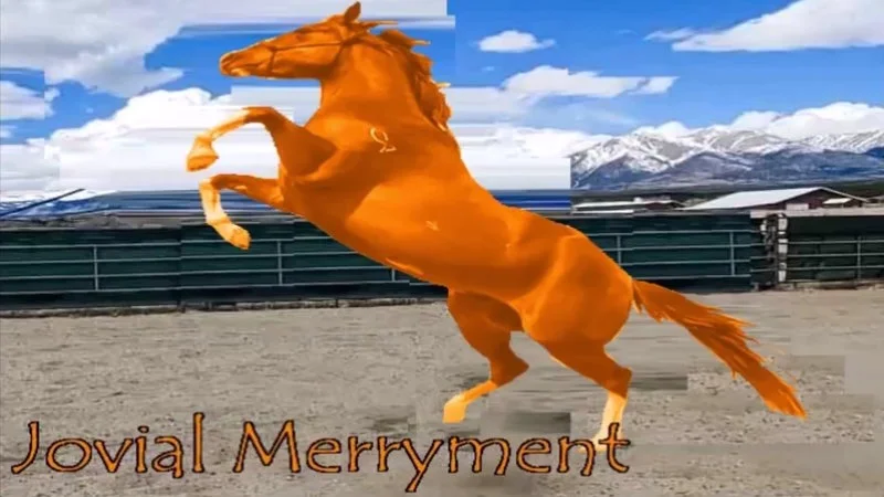 Jovial Merryment Orange Horse — A vibrant orange horse rearing up on hind legs in a desert landscape with snow-capped mountains and 'Jovial Merryment' text.