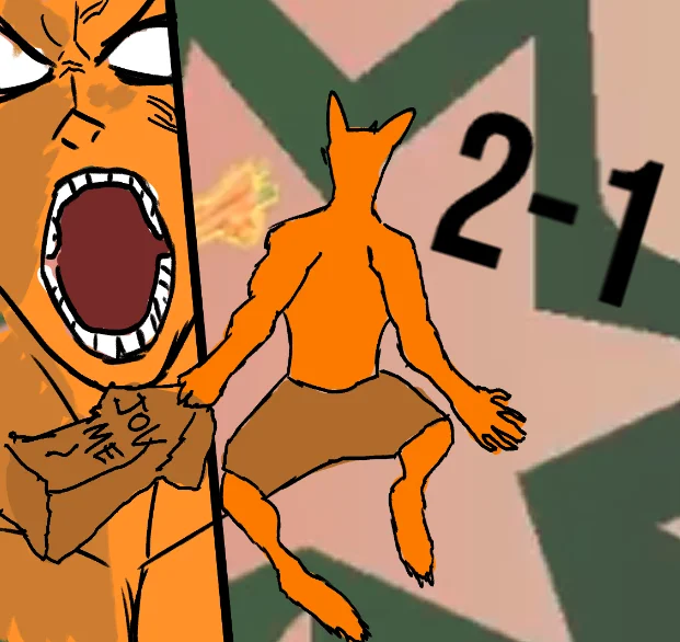Jovial Merryment Orange Horse — A split-panel meme with two pixelated orange horses showing contrasting emotional expressions with a 2-1 score displayed.