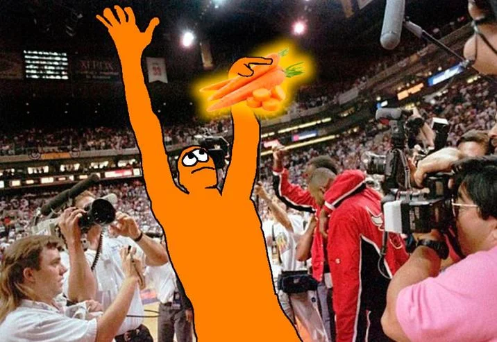 Jovial Merryment Orange Horse — A pixelated orange horse with raised arms in celebratory pose composited into a crowded basketball stadium.