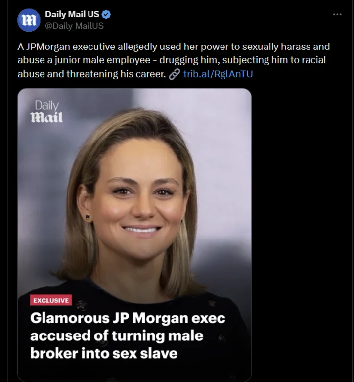 Jpmorgan Lorna Hajdini And Chirayu Rana Scandal — Daily Mail US tweet with Lorna Hajdini photo and exclusive headline