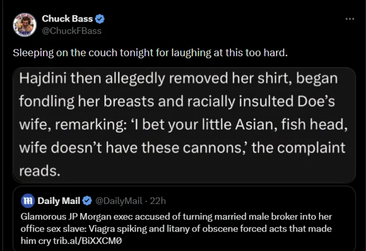 Jpmorgan Lorna Hajdini And Chirayu Rana Scandal — Tweet quoting graphic passage from the JPMorgan lawsuit complaint