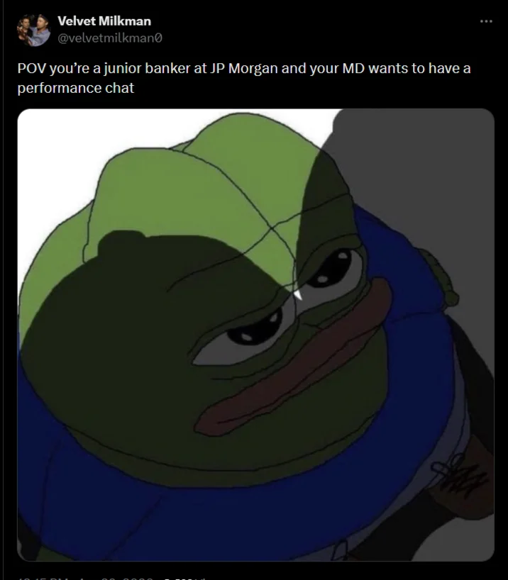 Jpmorgan Lorna Hajdini And Chirayu Rana Scandal — Tweet pairing scandal joke with menacing bloated Pepe image