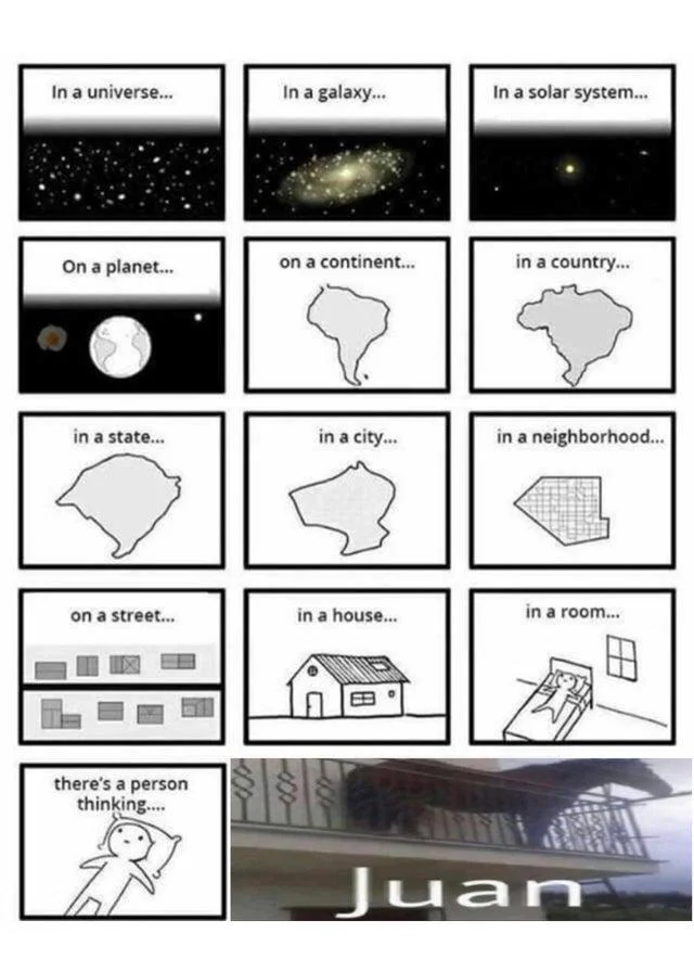 Juan (Horse on Balcony) — Hierarchical cosmic zoom meme ending at Juan horse