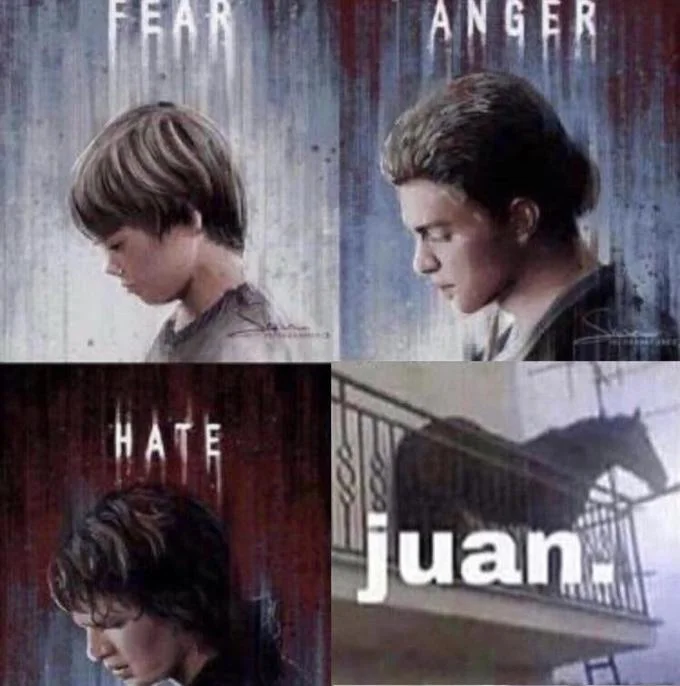 Juan (Horse on Balcony) — Four-panel grid meme with emotion reactions ending with Juan horse