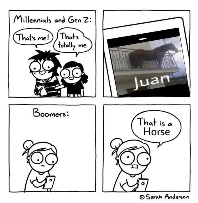 Juan (Horse on Balcony) — Comic strip showing generational reaction to Juan horse meme