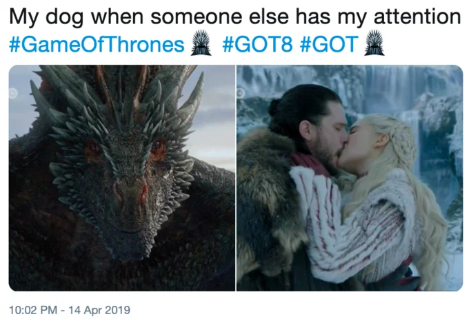 Judging Drogon — Tweet describing a dragon that breathes fire and also judges, paired with Drogon's stern stare.
