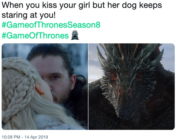Judging Drogon — Tweet comparing Drogon staring at Jon and Daenerys kissing to a jealous dog wanting attention.