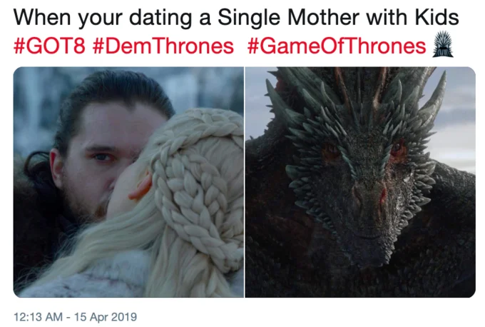 Judging Drogon — Tweet comparing Drogon watching Jon and Daenerys kiss to dating a single mother with kids.