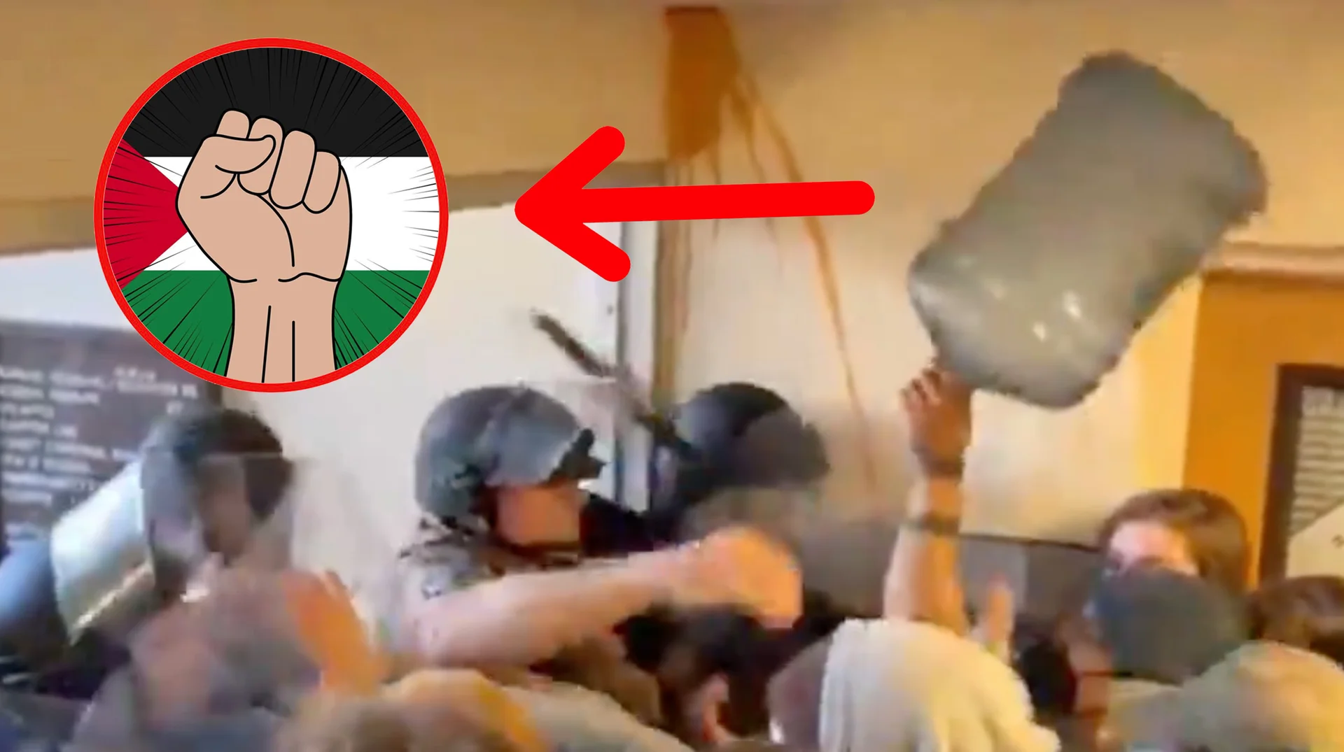 Jug Of Justice Bonk The Police — Protester swinging a water jug at riot police with Palestine solidarity emblem overlay