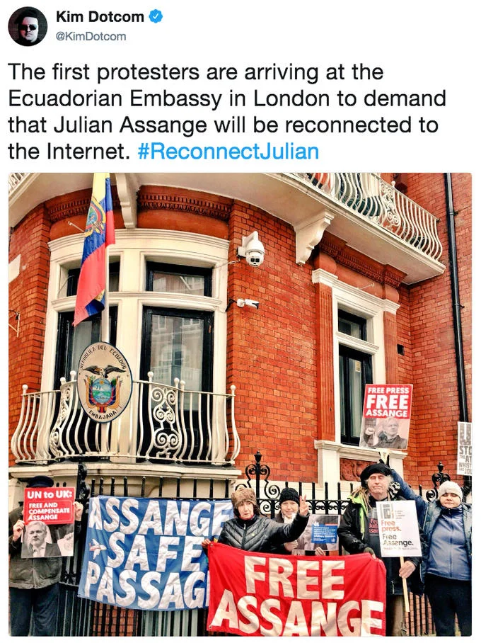 Julian Assange — Kim Dotcom Urgent Assange Alert tweet calling for London protest