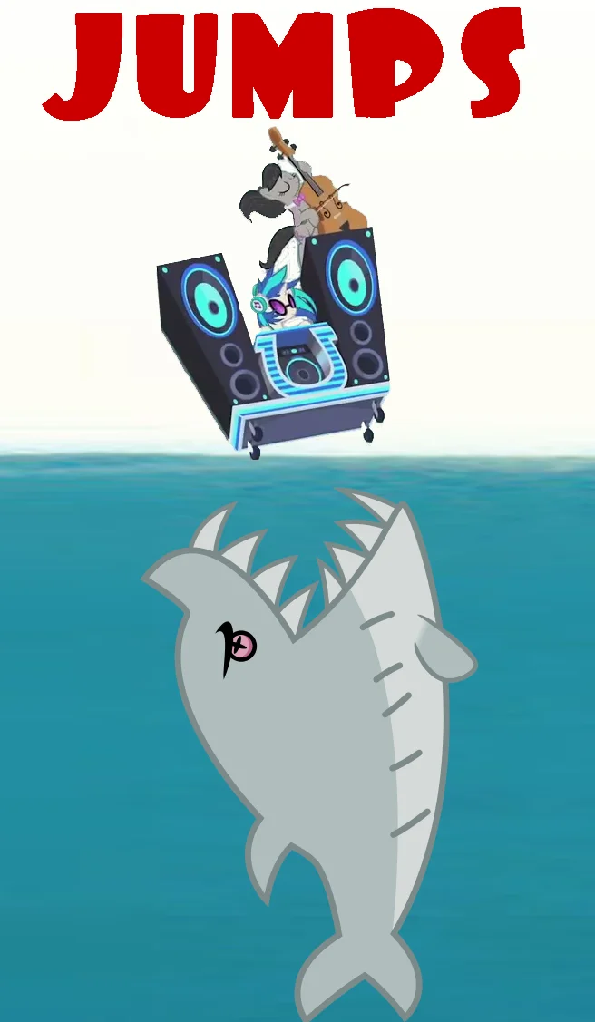 Jumping the Shark — My Little Pony DJ Pon-3 and Octavia on a DJ booth jumping over a cartoon shark