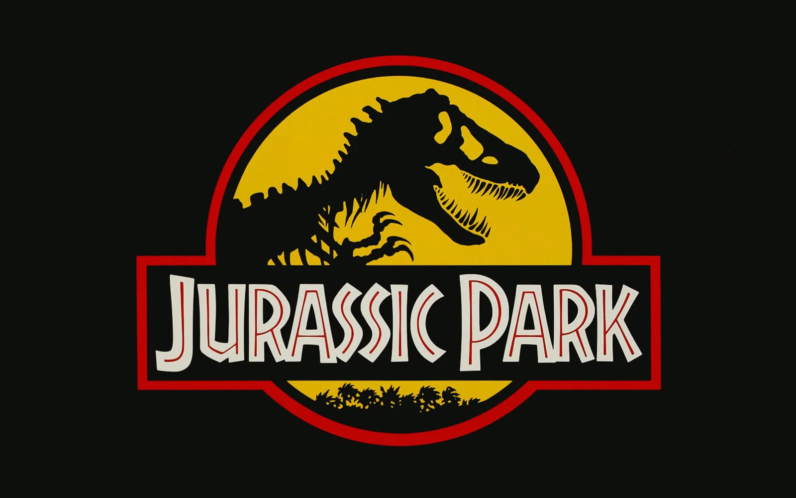 Official Jurassic Park logo with T-Rex skeleton silhouette on yellow background