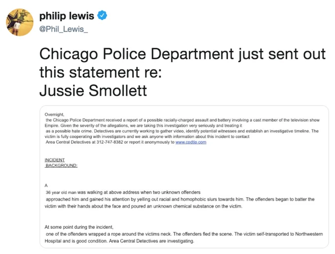 Jussie Smollett's Hate Crime Allegation — Philip Lewis tweet sharing Chicago Police Department statement about the Jussie Smollett incident