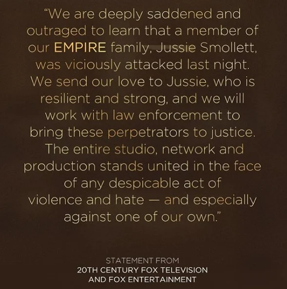 Jussie Smollett's Hate Crime Allegation — Statement from 20th Century Fox Television and Fox Entertainment supporting Jussie Smollett