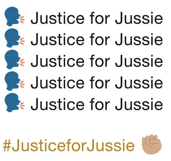 Jussie Smollett's Hate Crime Allegation — Graphic repeating 'Justice for Jussie' with shouting head and raised fist emojis