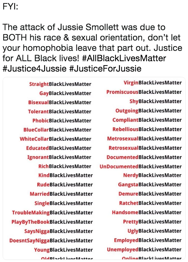 Jussie Smollett's Hate Crime Allegation — Social media post with #AllBlackLivesMatter and #JusticeForJussie hashtags and list of BlackLivesMatter variations