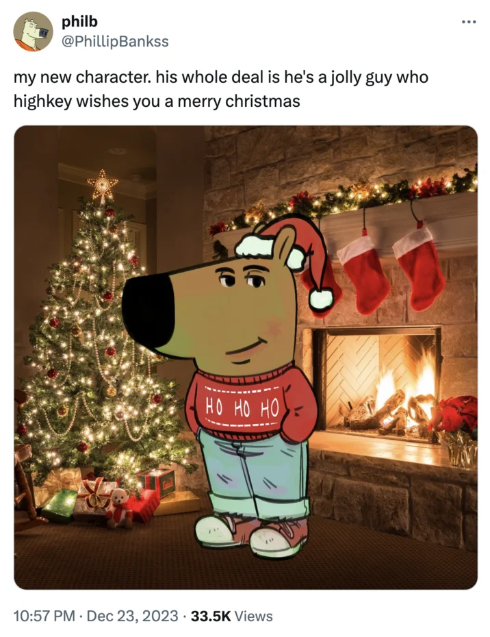 Just A Chill Guy — Twitter post showing Christmas version of Chill Guy in Santa hat and holiday sweater