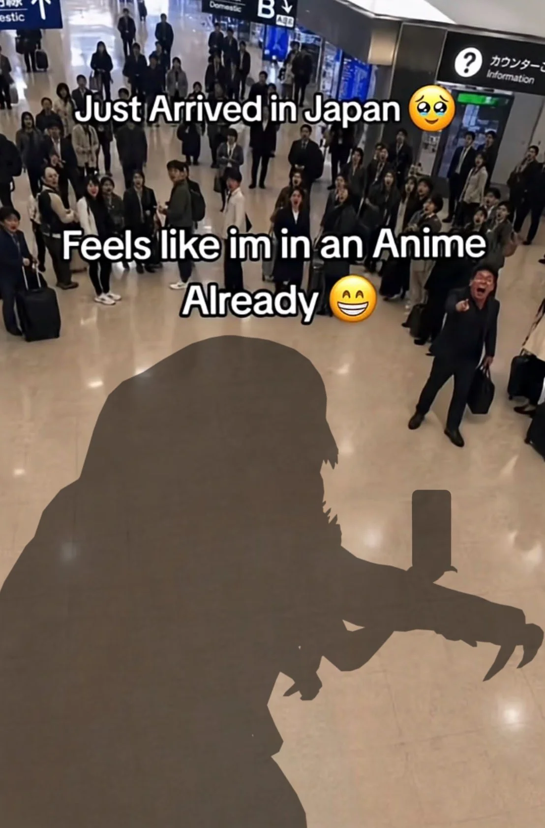Just Arrived In Japan — Traveler shadow holding phone at Japanese airport with confused onlookers