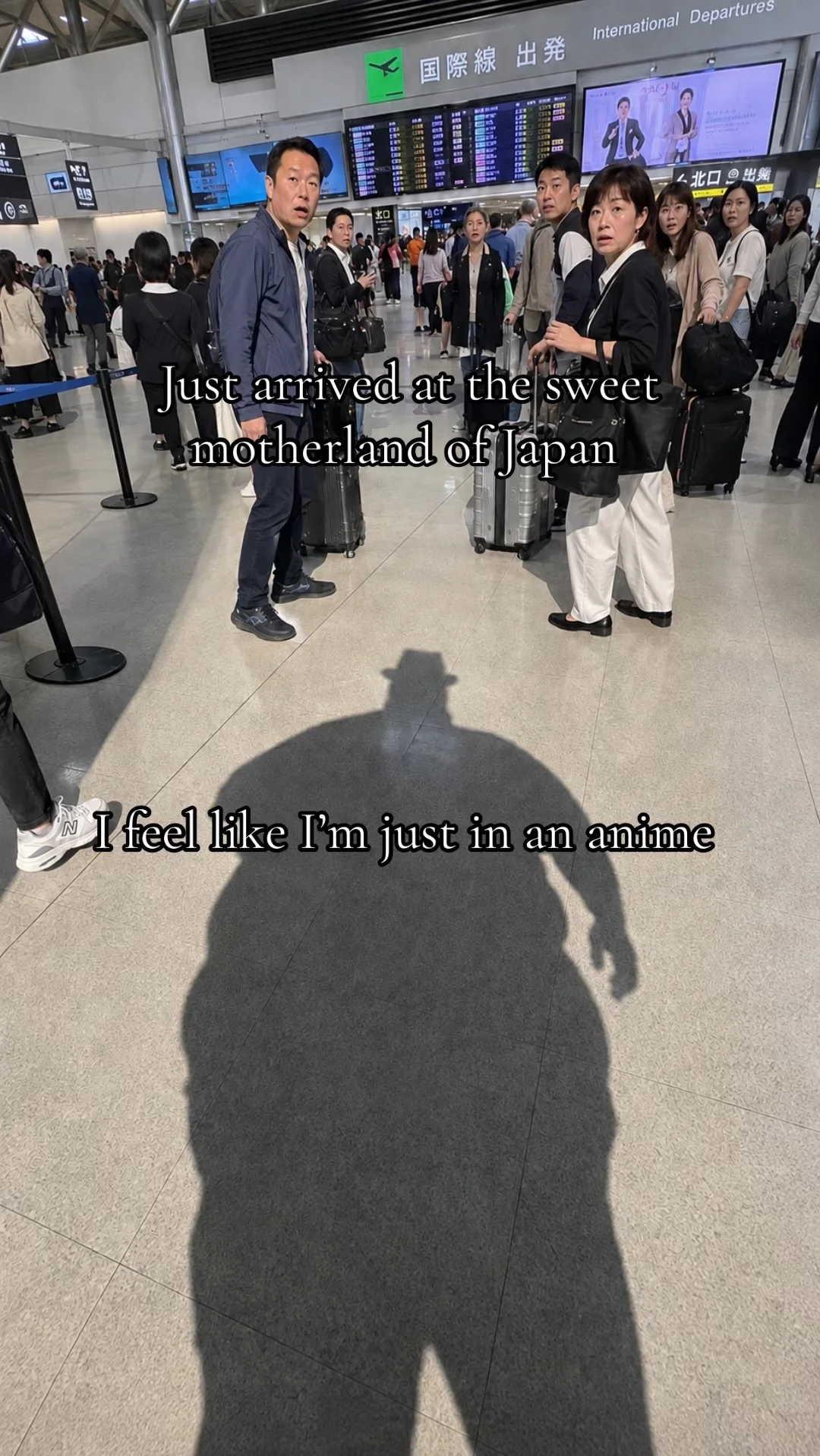 Just Arrived In Japan — Fedora-wearing shadow at Japanese airport with caption about sweet motherland of Japan