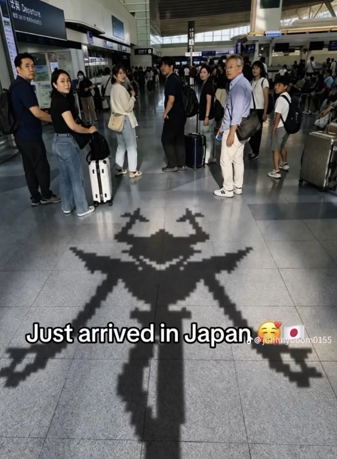 Just Arrived In Japan — Pixel art video game character shadow edited into airport photo
