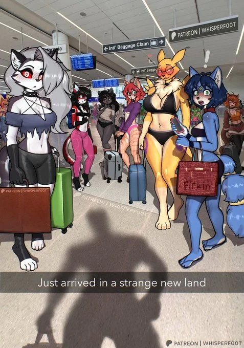 Just Arrived In Japan — Furry art parody showing anthro characters at airport with human shadow