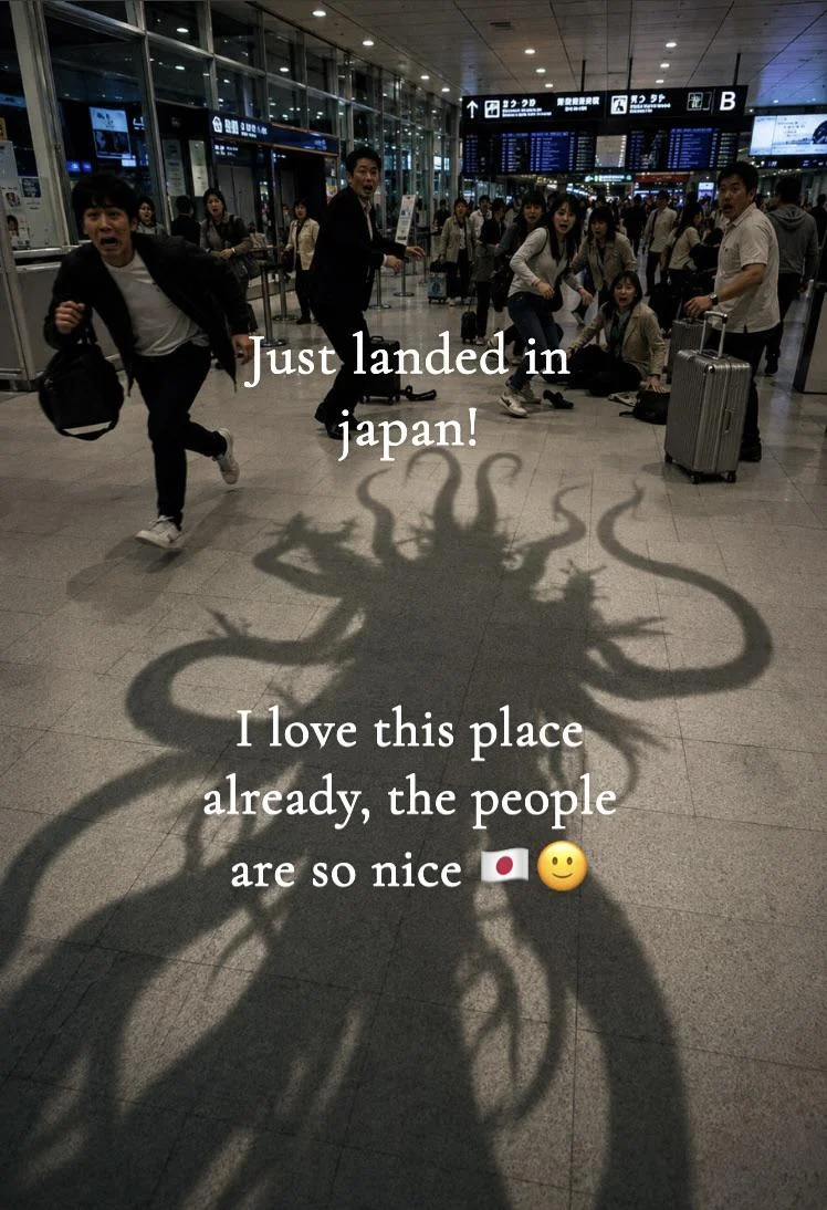 Just Arrived In Japan — Tentacle monster shadow at airport with fleeing travelers