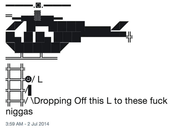 Just Dropped Down to Say — Helicopter ASCII meme tweet with stick figure dropping off an L
