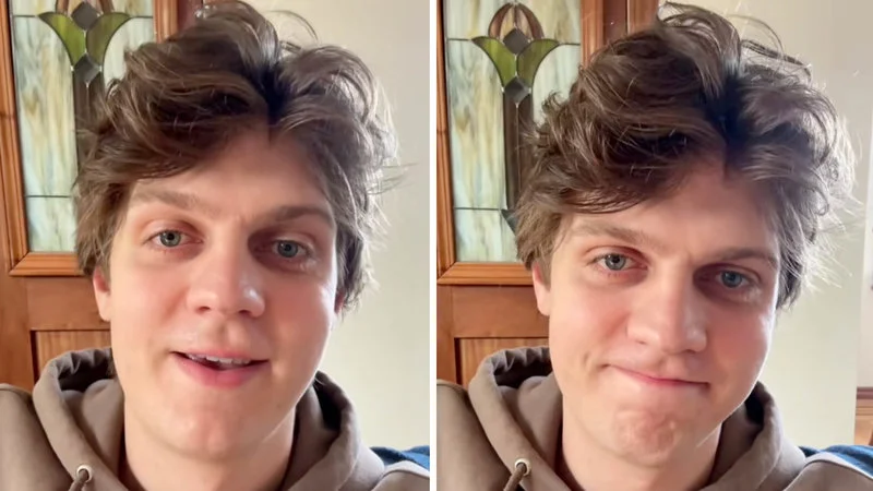 Just Found Out Im Chopped And Also Unc — A side-by-side pair of video frames showing Riley Hardwick mid-speech on the left and with a resigned smirk on the