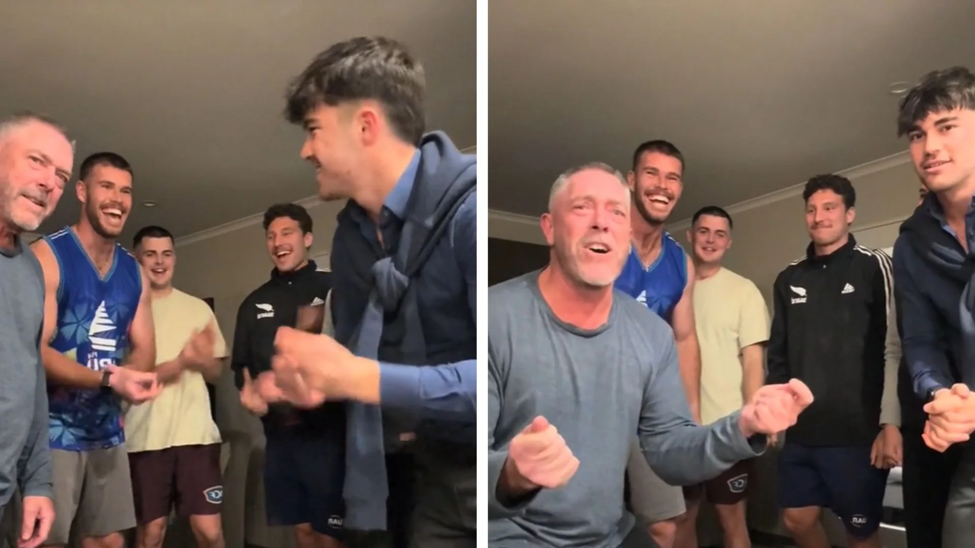 Just Give Me My Money Trend — Side-by-side video stills of an older man and several young men laughing and chanting with clenched fists in a room