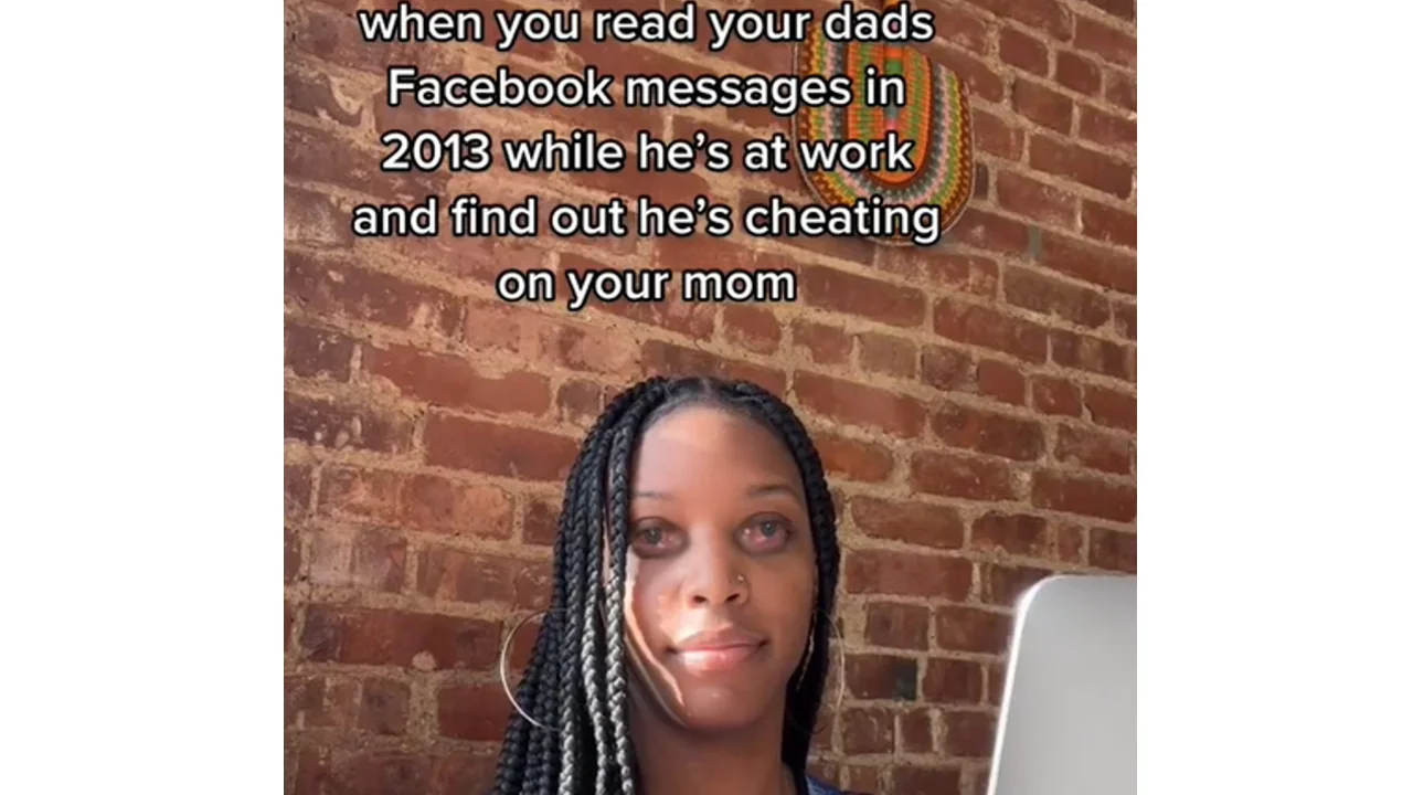 Just Hay Fever — TikTok screenshot of a young woman with braids and a tear on her cheek in front of a brick wall with text about discovering a parent's