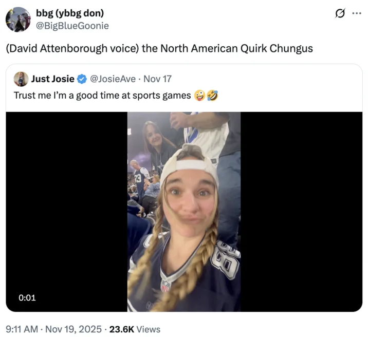 Just Josie Trust Me Im A Good Time At Sports Games Dallas Cowboys Video — A "quote-tweet":https://knowyourmeme.com/memes/quote-retweets-qrts making fun of the