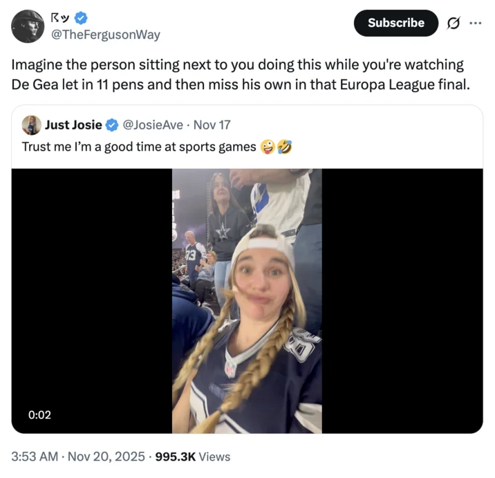 Just Josie Trust Me Im A Good Time At Sports Games Dallas Cowboys Video — A "quote-tweet":https://knowyourmeme.com/memes/quote-retweets-qrts making fun of the