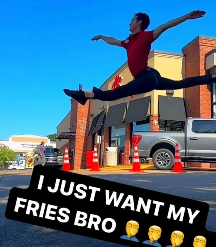 Just Put My Fries In The Bag Bro — Fast-food worker doing a mid-air split at a drive-through with caption 'I just want my fries bro'.