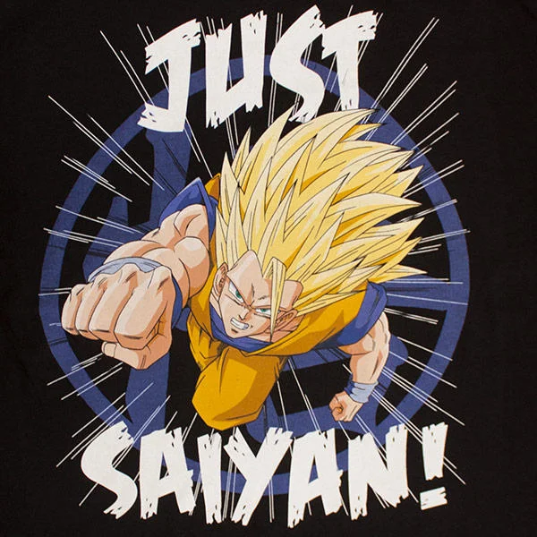 T-shirt design of Super Saiyan Goku punching with 'Just Saiyan!' text