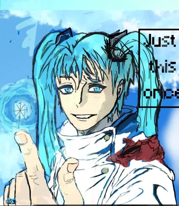 Hatsune Miku fan art pointing with glowing orb and 'Just this once' text